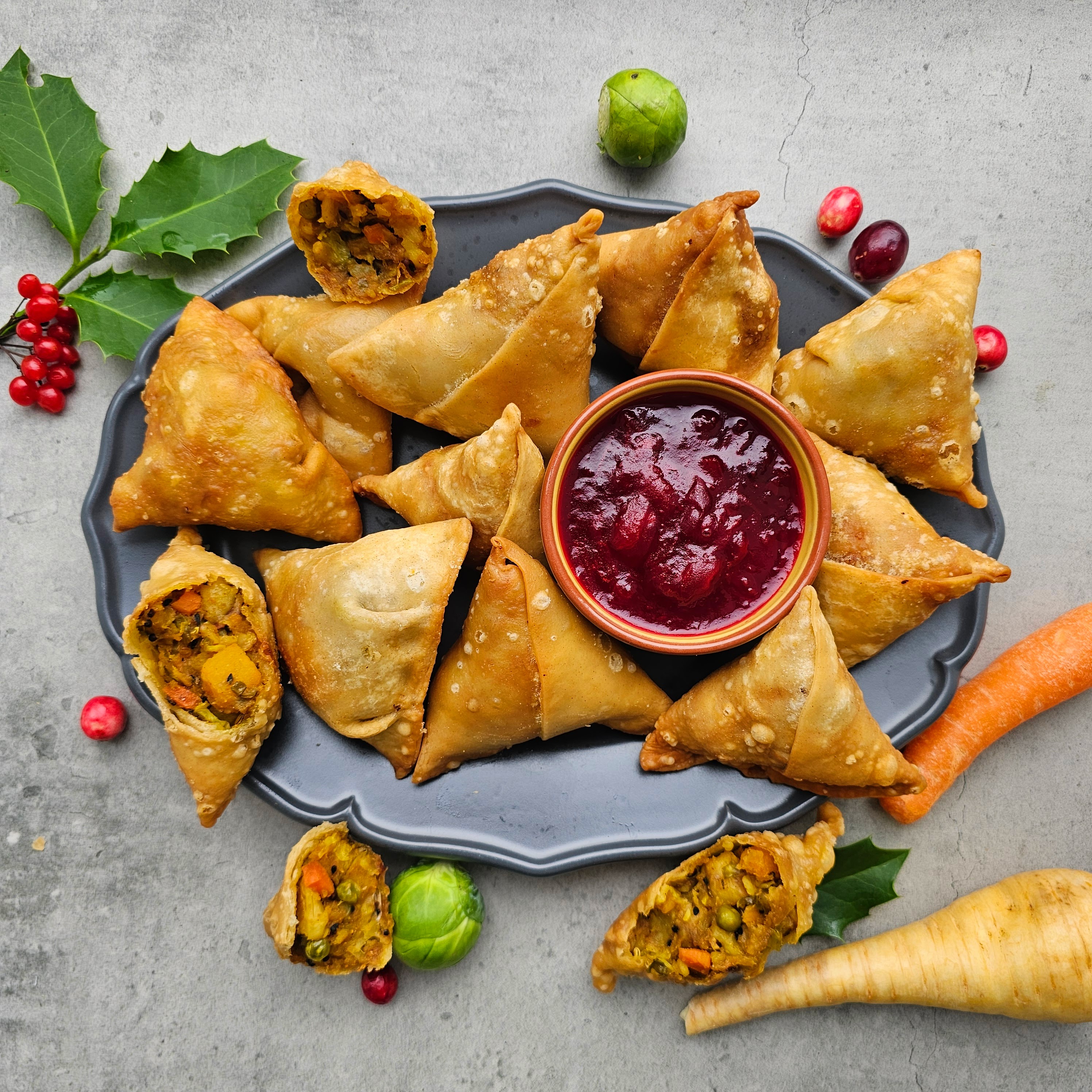 Christmas Indian samosas with cranberry chutney